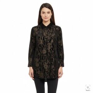 Caroline Rose Black Floral Tunic Jacket M Textured Button Front Longline